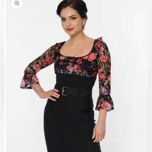 Unique Vintage Black Floral Lace Knit Blouse